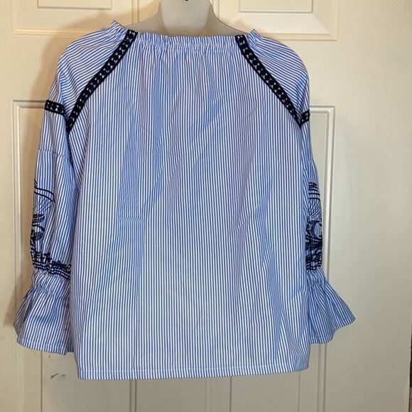 MANGO USA Blue and Black Relaxed Striped Embroidery Women's Blouses Size S - Picture 3 of 16
